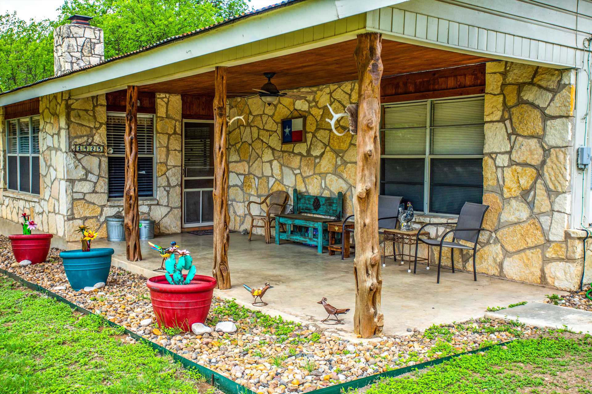                                                 There's a ceiling fan on the shaded porch, so you can enjoy a Hill Country breeze even if Mother Nature isn't providing one!