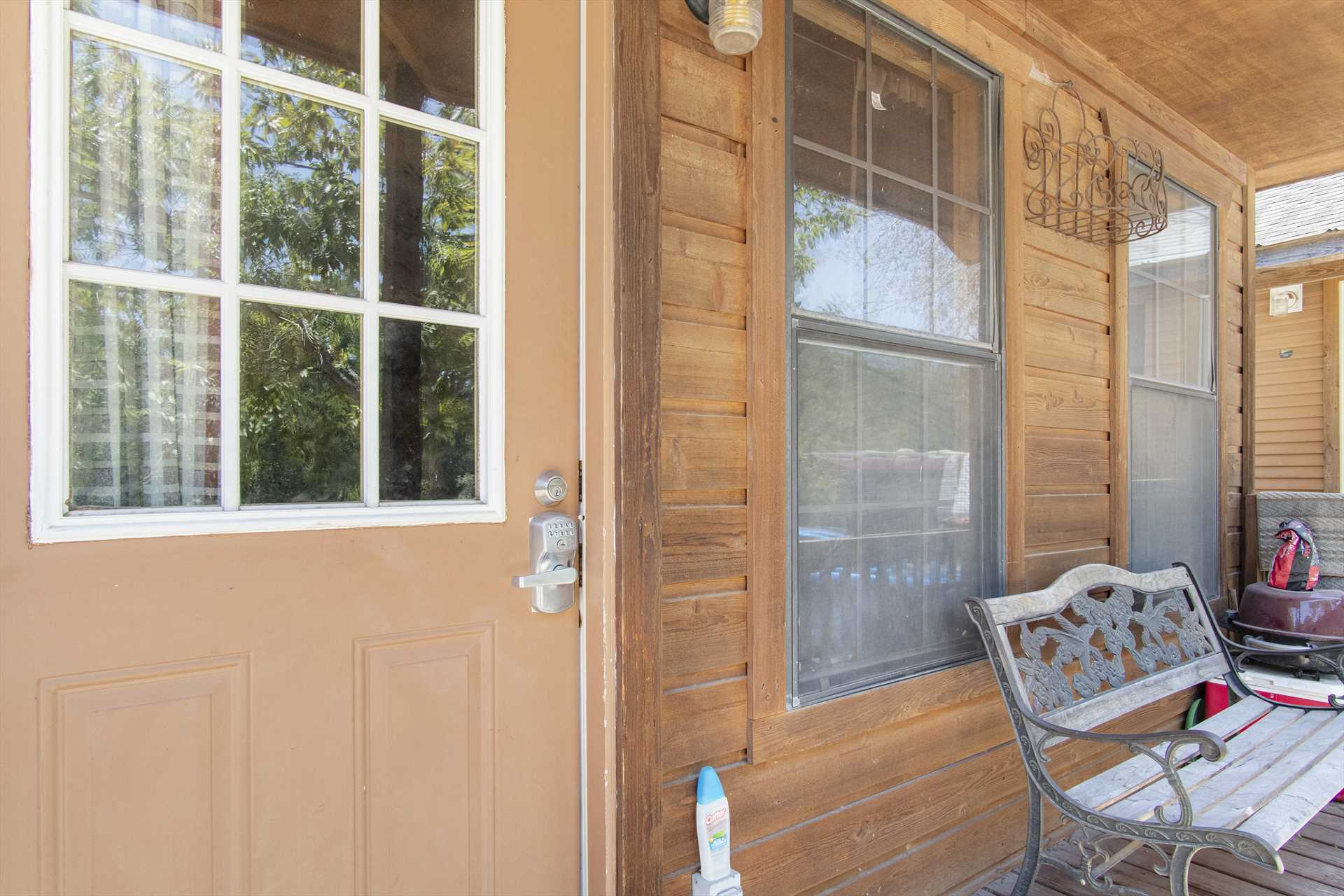                                                 Comfortable outdoor furniture on the cabin's shaded deck provides great relaxation space in the Hill Country breezes!