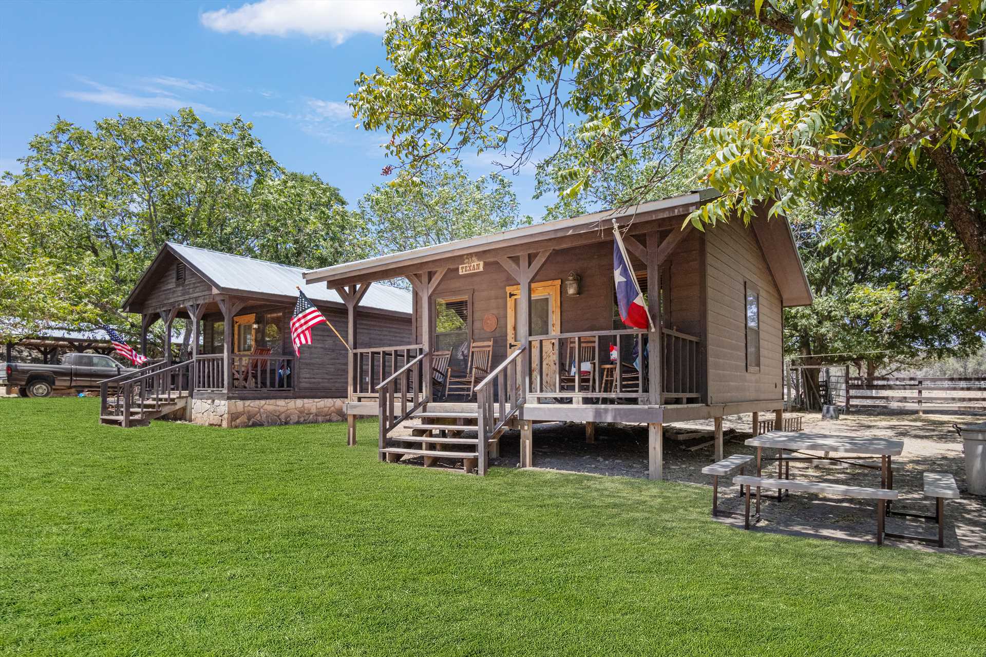                                                 Treat yourself to a creekside retreat in a beautiful corner of the Hill Country at the Texan Cabin at Double U Barr Ranch!