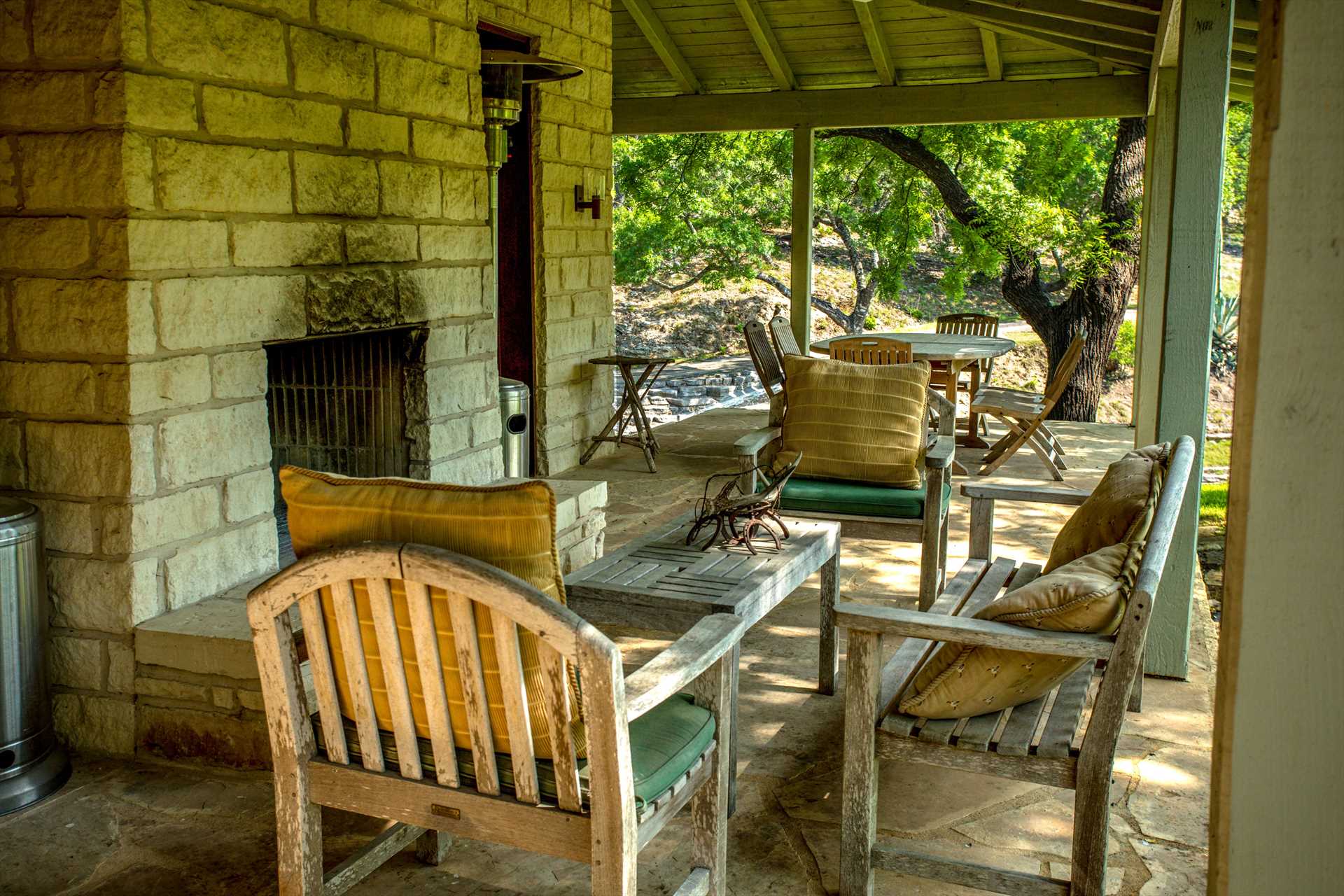                                                 You'll find fireplaces both inside AND outside at the Fall Creek Homestead!