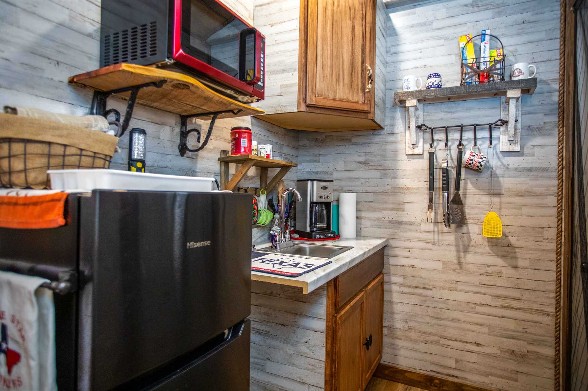                                                 The handy kitchenette at the Lone Star includes a mini-fridge, microwave, and coffee maker.