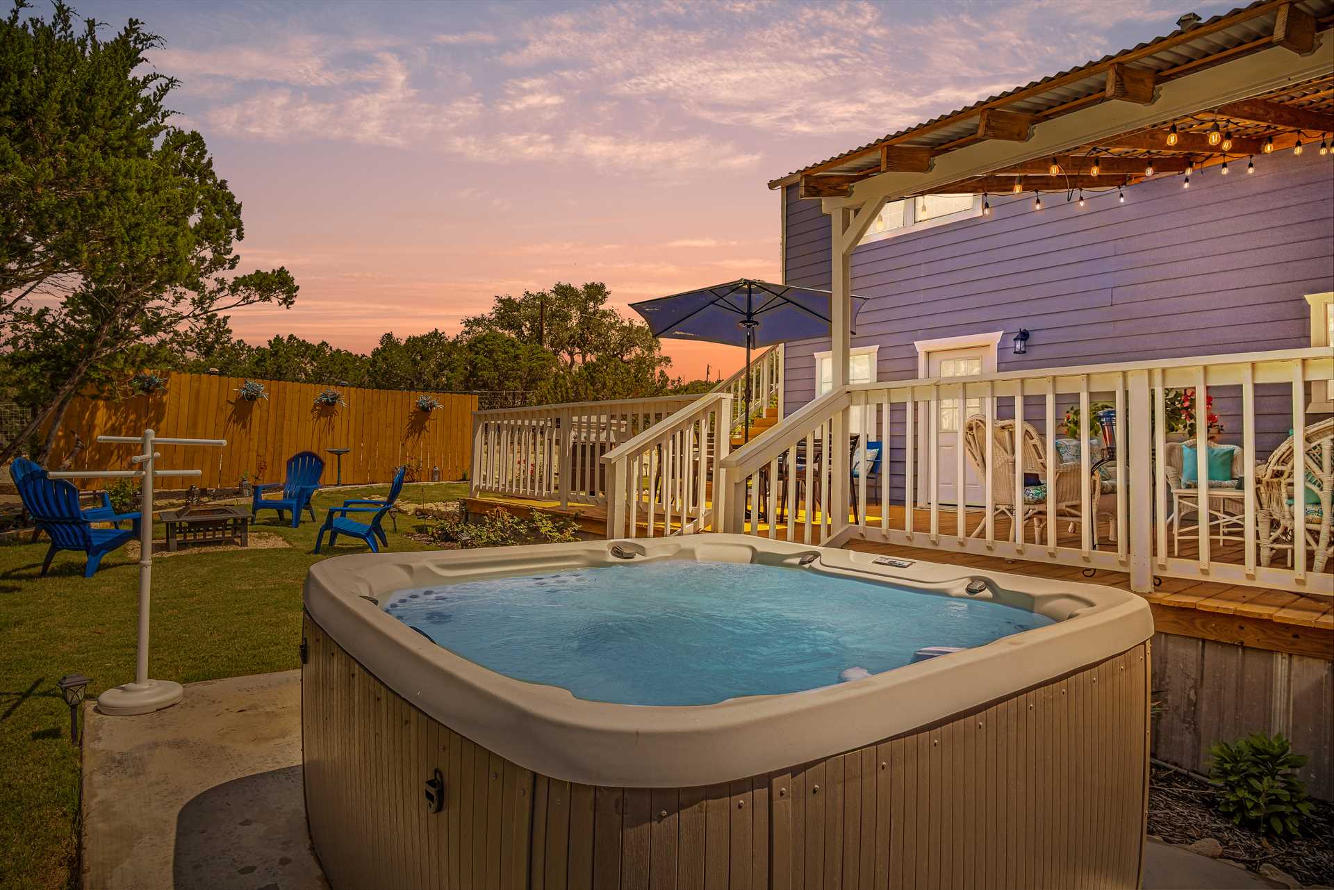                                                 Imagine slooooooooowly sinking into the soothing waters of the hot tub while you watch a colorful Hill Country sunset!