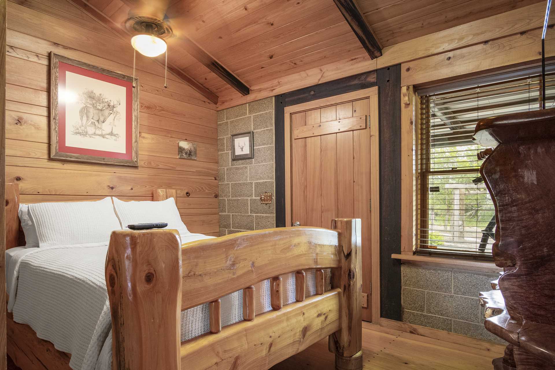                                                 The Whitetail Room features a queen-sized bed, with a custom frame built by the Lodge's original owner! Clean linens are included, too.