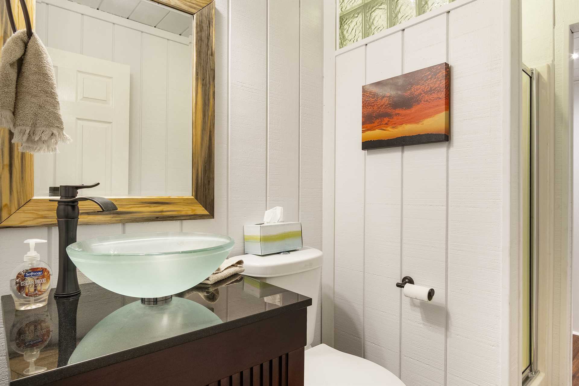                                                 The unique bowl vanity in the master bath is one of the many useful touches that give the Hawk's Nest its charm.